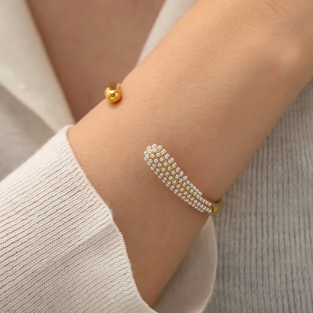 Pearl Inlaid Stainless Steel 18k Gold Plated Open Bangle Bracelet
